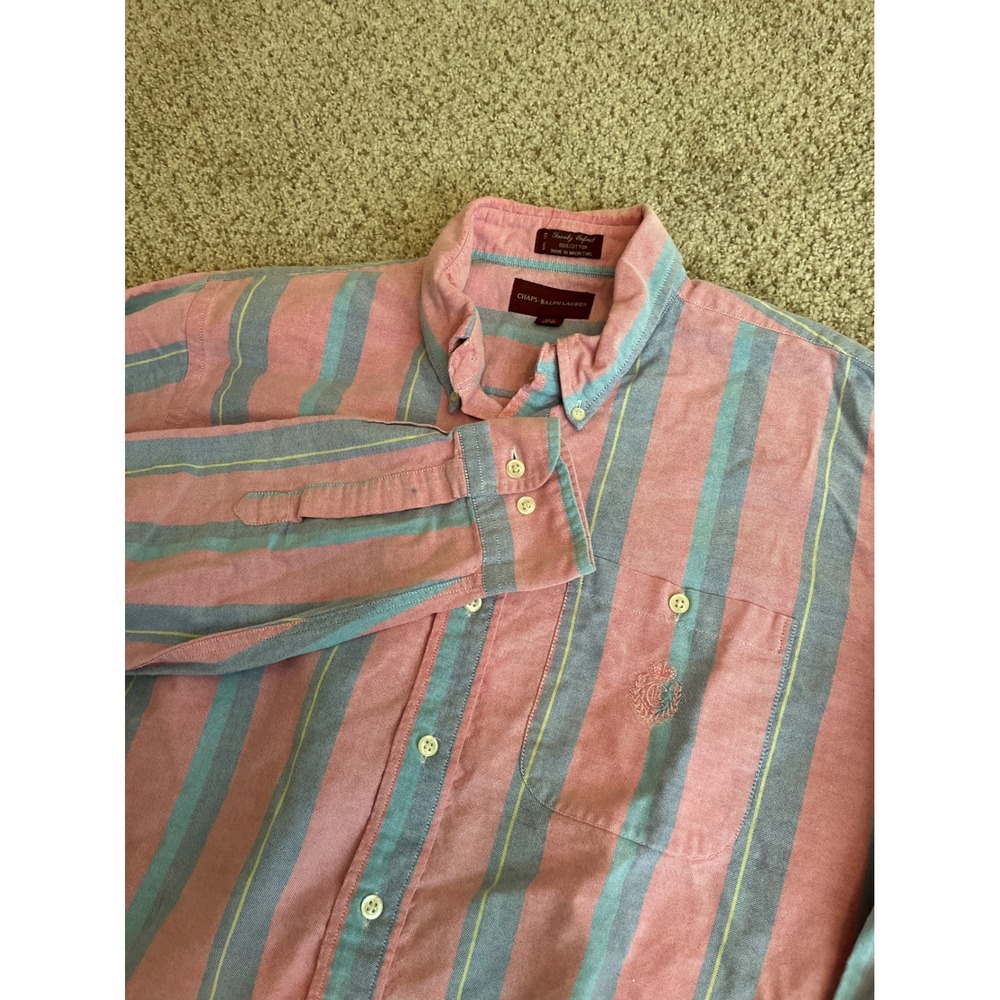 Y2K Chaps Ralph Lauren Men's Trinity Oxford Shirt 16.5 34/35 Pink Blue Striped